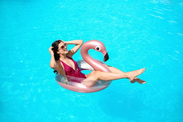 Young Woman Inflatable Ring Swimming Pool — Stock Photo, Image