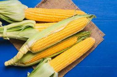 Renkli ahşap arka planda taze mısır koçanları