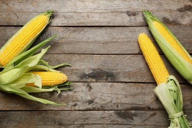 Tahta arka planda taze mısır koçanları