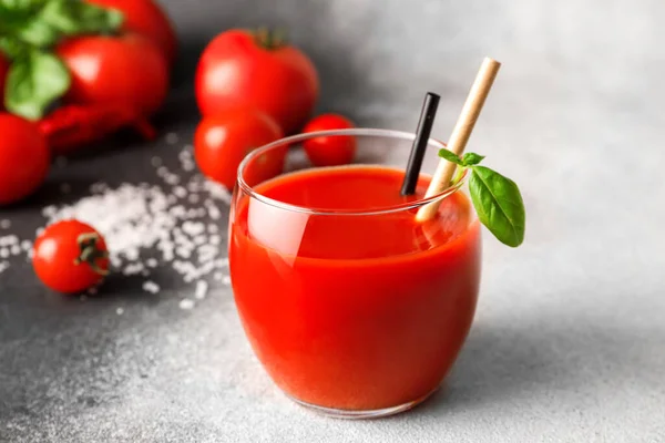 Glass Tasty Tomato Juice Grey Background — Stock Photo, Image