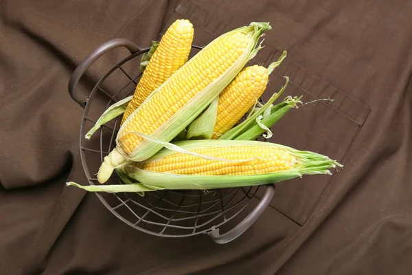 Basket Fresh Corn Cobs Fabric Background — Stock Photo, Image