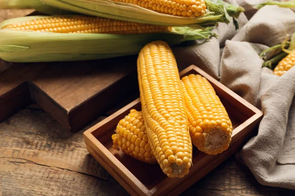 Box Fresh Corn Cobs Wooden Background — Stock Photo, Image