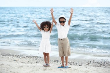 Afro-Amerikalı erkek ve kız kardeşler deniz sahilinde