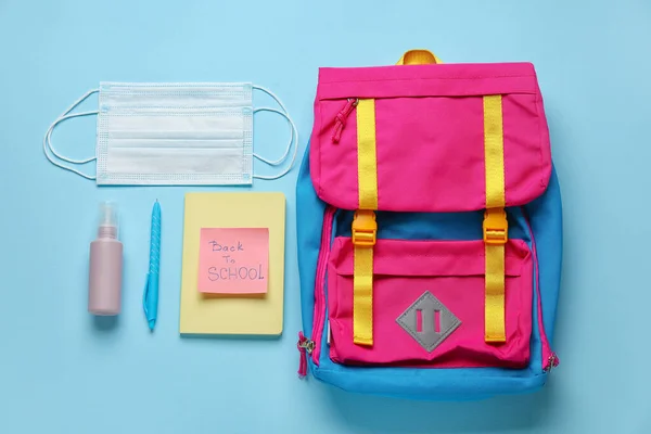 Papel Com Texto Volta Para Escola Mochila Artigos Papelaria Fundo — Fotografia de Stock