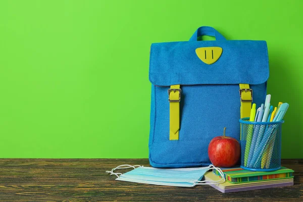 Backpack Apple Stationery Table Color Wall — Stock Photo, Image