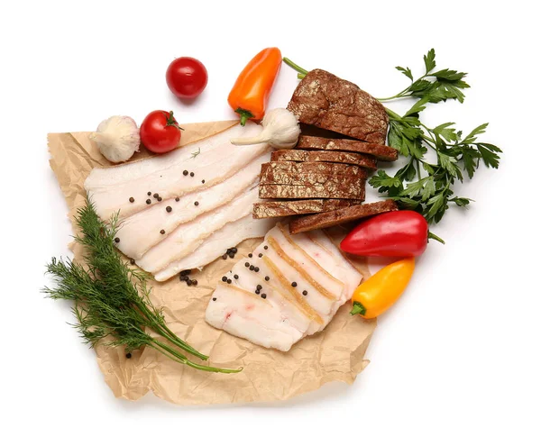 Slices Salted Lard Fresh Vegetables Bread White Background — Stock Photo, Image