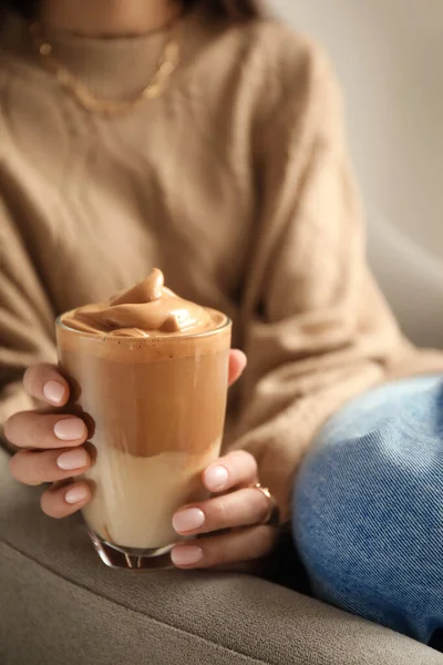 Woman Drinking Tasty Coffee Home Closeup — Stock Photo, Image