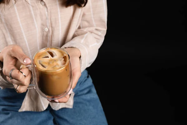 Woman Drinking Tasty Coffee Dark Background Closeup — Stock Photo, Image