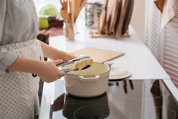 Woman Preparing Stuffed Cabbage Rolls Electric Stove Kitchen Closeup — Stock Photo, Image
