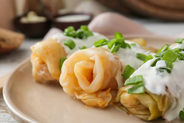 Plate Tasty Stuffed Cabbage Rolls Sauce Table Closeup — Stock Photo, Image