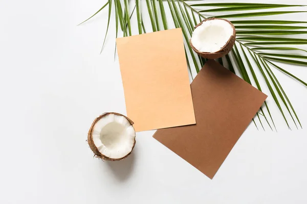 Composition Blank Cards Coconut Palm Leaf White Background — Stock Photo, Image