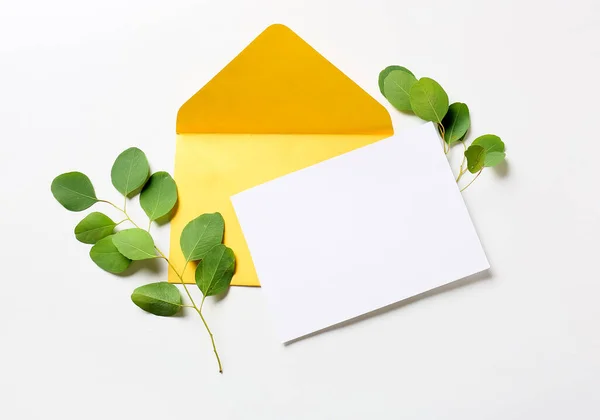 Envelop Met Blanco Kaart Plantentakken Witte Ondergrond — Stockfoto