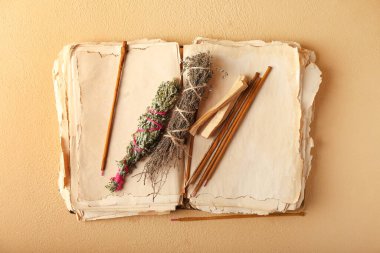 Eski kitap, tütsü ve aura temizliği için bitkiler.