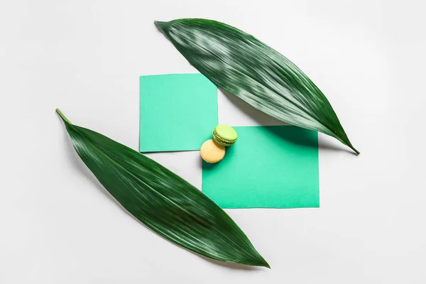 Beyaz Arkaplanda Boş Kartlar Kurabiyeler Yeşil Yapraklarla Kompozisyon — Stok fotoğraf