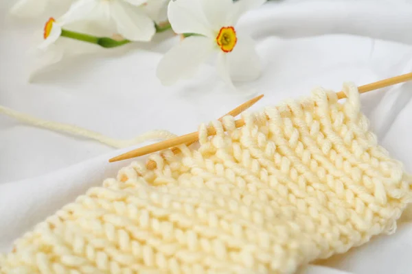 Knitting Yarn Needles Light Fabric Background Closeup — Stock Photo, Image