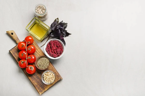 Composition Bowl Tasty Pesto Sauce Ingredients Light Background — Stock Photo, Image