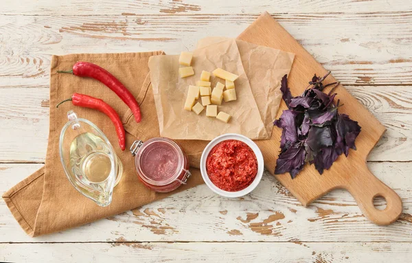 Bowl Tasty Pesto Sauce Ingredients Light Wooden Background — Stock Photo, Image