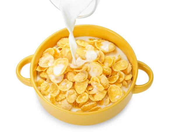 Pouring Milk Jug Bowl Tasty Cornflakes White Background — Stock Photo, Image
