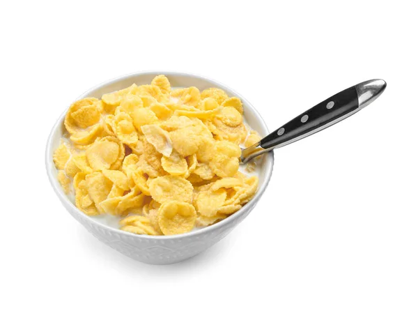 Bowl Tasty Cornflakes Milk White Background — Stock Photo, Image