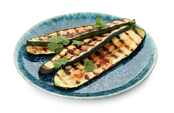 Plate Tasty Grilled Zucchini White Background — Stock Photo, Image