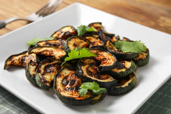 Plate Tasty Grilled Zucchini Table Closeup — Stock Photo, Image