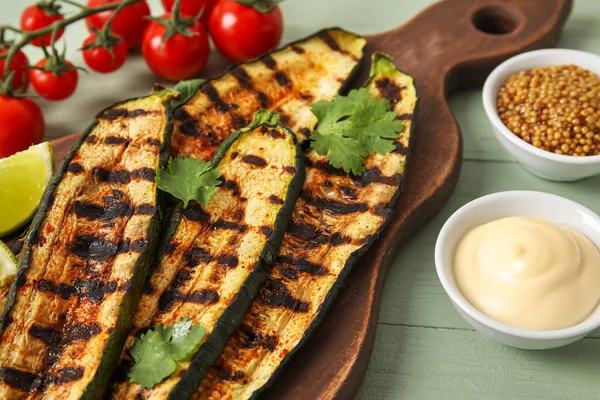 Board Tasty Grilled Zucchini Sauces Color Wooden Background Closeup — Stock Photo, Image