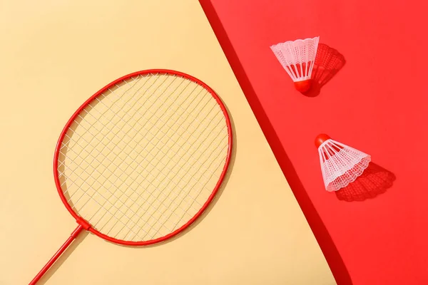 Badminton Raquete Shuttlecocks Fundo Cor — Fotografia de Stock