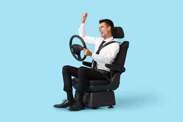 Emotional Businessman Car Seat Steering Wheel Color Background — Stock Photo, Image