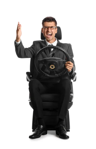 Angry Businessman Car Seat Steering Wheel White Background — Stock Photo, Image