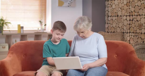 Niño Pequeño Enseñando Abuela Manejar Con Computadora Moderna — Vídeo de stock