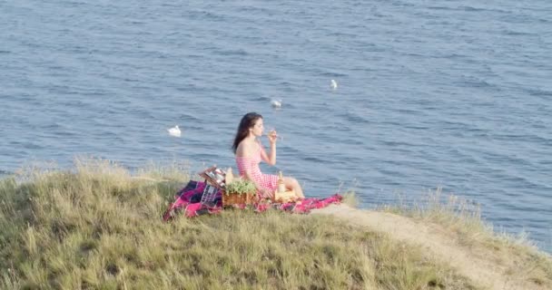 Vacker Ung Kvinna Som Har Picknick Nära Havet — Stockvideo