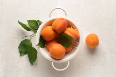 Hafif arka planda lezzetli olgun kayısılara sahip Colander