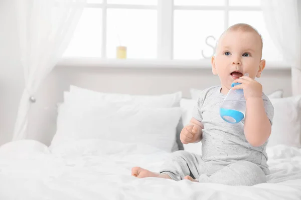 Cute Little Baby Bottle Water Bedroom — Stock Photo, Image