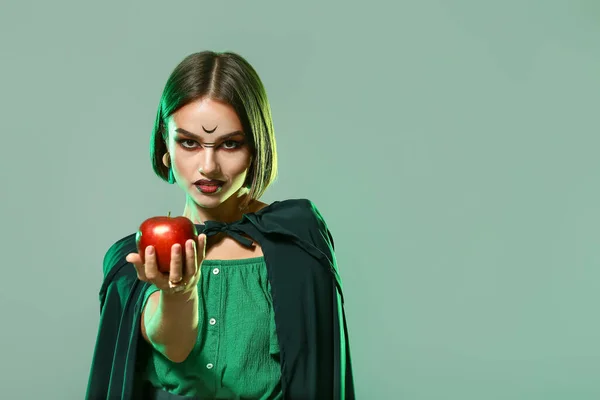 Young Witch Apple Color Background — Stock Photo, Image