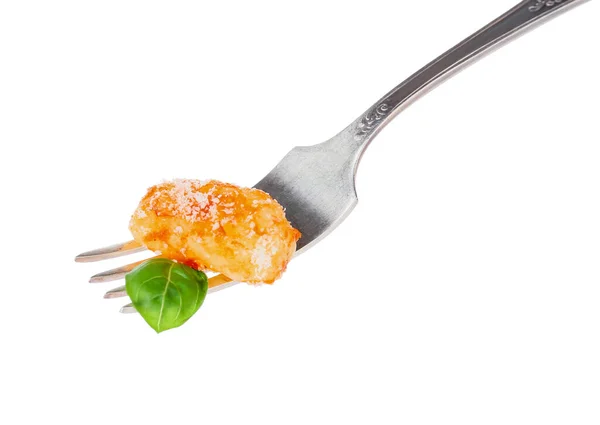 Fork Delicious Gnocchi Tomato Sauce Basil Leaf White Background — Stock Photo, Image