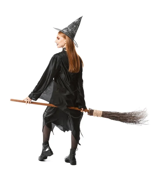 Mooie Vrouw Verkleed Als Heks Voor Halloween Witte Achtergrond — Stockfoto