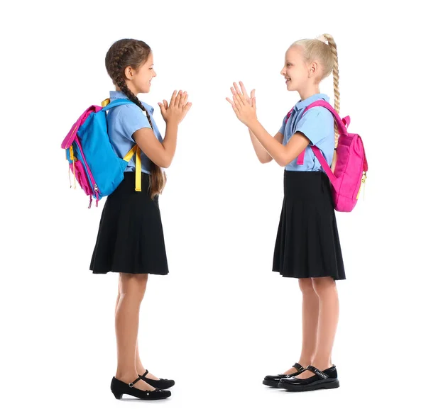 Cute Schoolgirls Playing White Background — Stock Photo, Image