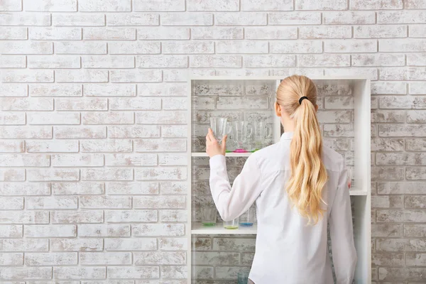 Woman Empty Stylish Glass Brick Wall — Stock Photo, Image