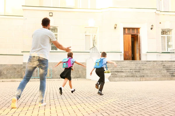 Cute Little Children Going School Father — Stock Photo, Image
