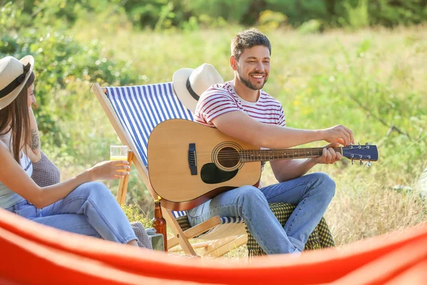 Young Man Playing Guitar Barbecue Party Summer Day — Stock Photo, Image