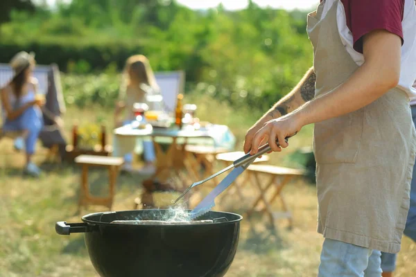 Young Man Cooking Food Barbecue Grill Outdoors — Stock Photo, Image