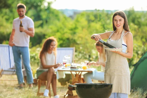 Young Woman Cooking Food Barbecue Grill Outdoors — Stock Photo, Image