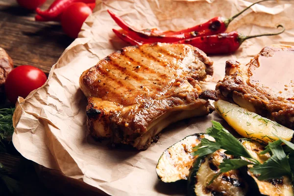 Tasty Pork Steaks Vegetables Table Closeup — Stock Photo, Image