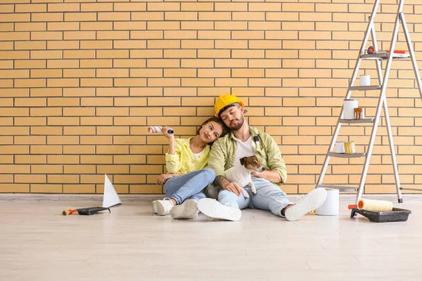 Young Couple Cute Dog Resting Repair New House — Stock Photo, Image