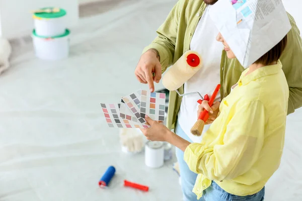 Young Couple Palette Samples Planning Design New House — Stock Photo, Image