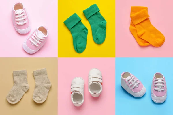 Stylish Baby Socks Shoes Color Background — Stock Photo, Image