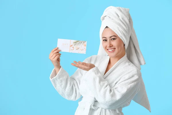 Young Asian Woman Gift Certificate Massage Color Background — Stock Photo, Image
