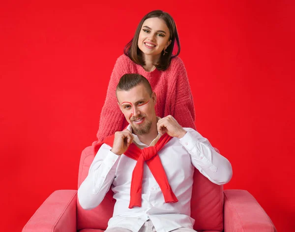 Stylish Young Couple Red Background — Stock Photo, Image