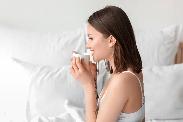 Young Woman Drinking Coffee Bedroom — Stock Photo, Image