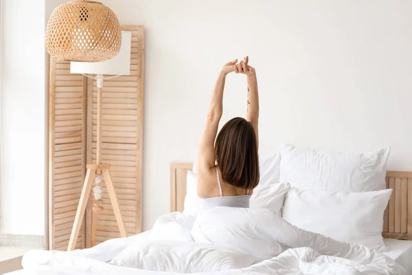 Morning Beautiful Young Woman Stretching Bedroom — Stock Photo, Image